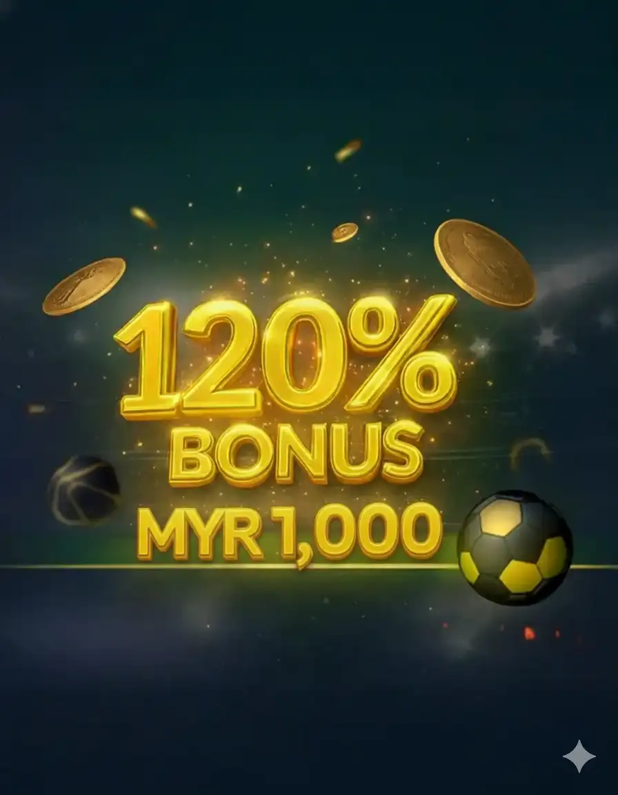 Ilustrasi bonus sukan dengan pemain bola sepak, syiling emas, dan teks “Bonus 120% Sehingga MYR 1000” di latar belakang stadium.