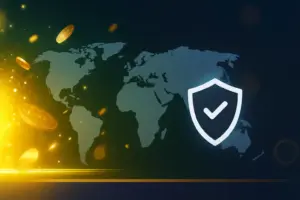 Latar belakang seksyen hero dengan peta dunia dan ikon perisai, melambangkan akses selamat ke M88 Malaysia.